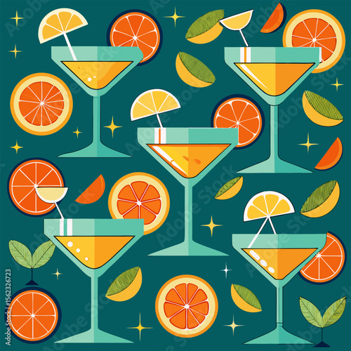 Cocktail glasses and citrus slices repeating layout