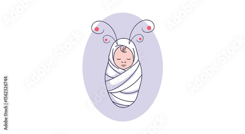 Adorable Newborn Baby Wrapped in a Cozy Blanket with Cute Butterfly Antennae Illustration
