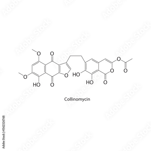 Collinomycin skeletal structure. Antibiotic compound schematic illustration. Simple diagram, chemical formula.