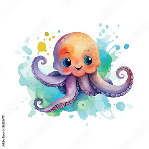 A funny cartoon octopus character swims playfully in the clear blue ocean water