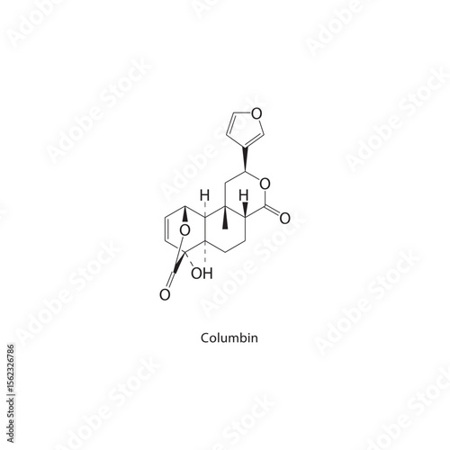 Columbin skeletal structure. Diterpenoid compound schematic illustration. Simple diagram, chemical formula.