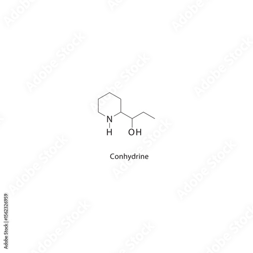 Conhydrine skeletal structure. Alkaloid compound schematic illustration. Simple diagram, chemical formula.