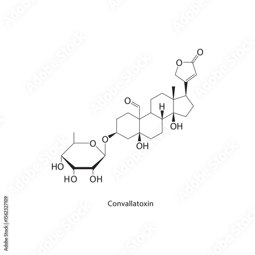 Convallatoxin skeletal structure. Cardiac glycoside compound schematic illustration. Simple diagram, chemical formula.