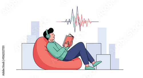 Person Relaxing Listening to Audio While Reading a Book with Sound Waves Above