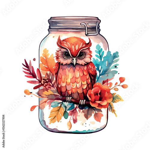 Isolated owls in a glass jar with sweet fruit preserves