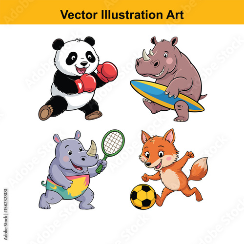 A vibrant vector illustration features four cartoon animals engaged in different sports: a panda boxing, a hippo surfing, a rhino playing tennis, and a fox playing soccer. The artwork is playful and e