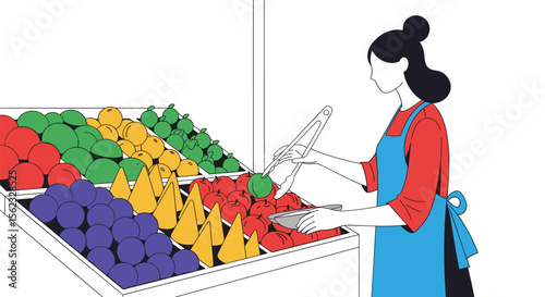 A shopper carefully selects fresh produce from a vibrant display of colorful fruits and vegetables at a grocery store