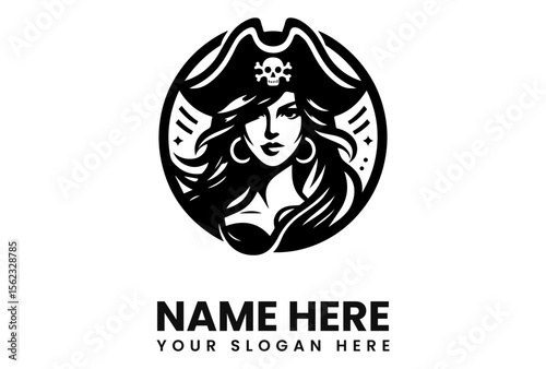 A stylized illustration of a pirate woman wearing a hat with a skull.