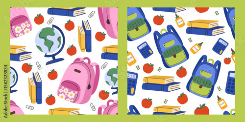 Back to school seamless pattern with backpacks, books, and school supplies — colorful vector illustration with educational textbooks, globes, calculators, glue bottles, paper clips, and apples. 