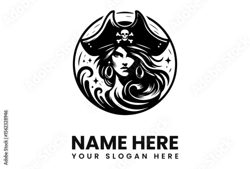 Elegant pirate woman logo design, black and white illustration, ocean waves, skull and crossbones hat.