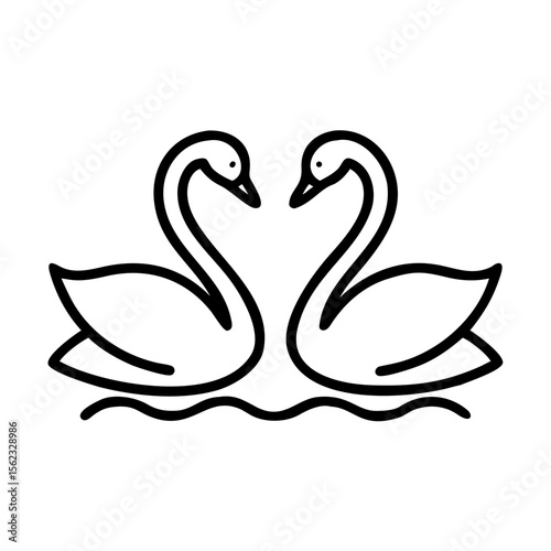 Minimalist black outline vector icon of two swans facing each other, symbolizing love, partnership, and elegance. Clean, simple design on a transparent background
