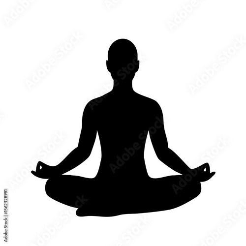 Black silhouette vector icon of a person sitting in lotus pose, symbolizing meditation, inner peace, mindfulness, and spiritual balance