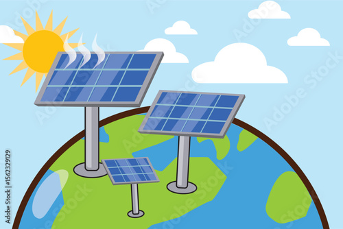 Solar panels on Earth absorbing sunlight for clean renewable energy production