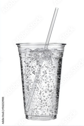 Clear plastic cup filled with sparkling carbonated water with bubbles, ice, and a transparent straw, isolated on white background, beverage container