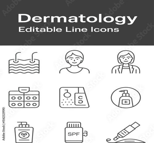 Dermatology outline icons feature skin layers, acne, dermatologist, moisturizer, spf, allergy test, and laser treatment for medical design projects.
