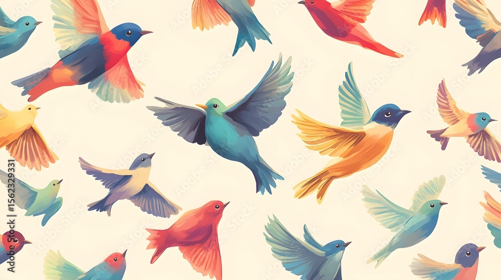Obraz premium Digital illustration of colorful birds in flight, creating a whimsical and repeating pattern.