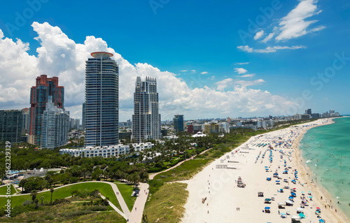 Miami Beach city from top. South Beach from above. Drone of coastline scene. Shore of Miami with skyscrapers. Aerial cityscape of Miami view.