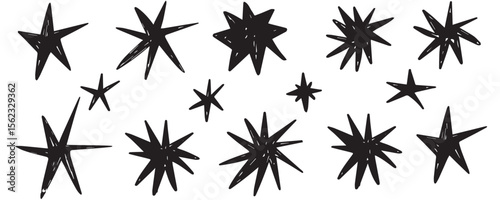 Star and flash doodle scribble icons. Rock and punk lightning, hand drawn line sketch vector. Music thunder crayon cartoon set. Stars and flash fire brush illustration. Chalk crayon texture element bg
