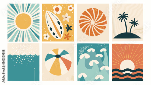 Eight Mid Century Modern Summer Illustrations Sun Surfboard Beach Ball Waves Palm Trees 1