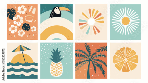 Eight Mid- Century Summer Illustrations Toucan Pineapple Palm Tree Beach Sun