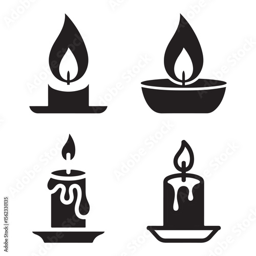 Four Black Candle Icons Set Lit Flames Wax Dripping Simple Silhouette Designs candles