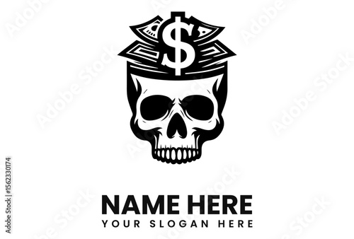 Skull with dollar sign and money stacks on top of it, vector illustration.