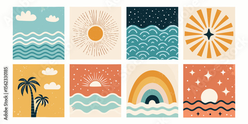 Eight Boho Summer Illustrations with Sun Waves Palm Trees and Rainbows 1