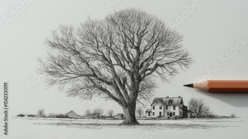Intricate Pencil Sketch of Tree and House