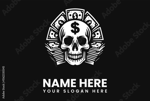 A stylized skull crowned with money, forming a logo design.