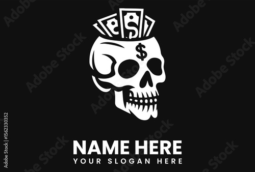 A monochrome skull illustration with money overflowing from its head, concept.