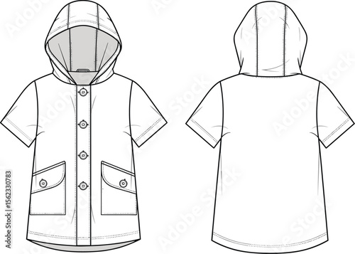 Stylish hooded short sleeve jacket, front and back view, CAD flat sketch, fashion design, technical drawing, vector illustration, clothing template, garment design, outerwear concept