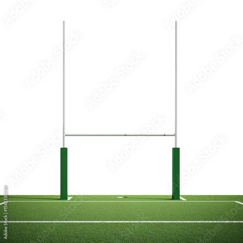 Rugby goal posts on the field isolated on white background with copy space
