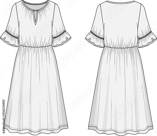 Ruffled sleeve dress flat sketch, front and back view, cad drawing, vector illustration, fashion design, short sleeve, wavy hem, apparel template, garment concept