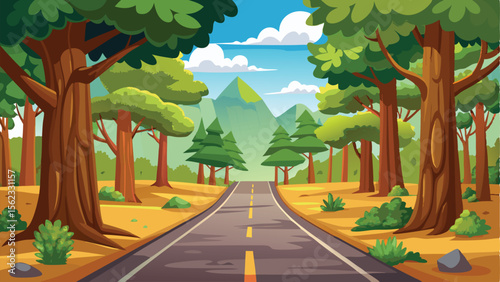 Cartoon Forest Road Scene with Pine Trees, Broadleaf Trees, Mountains, and Cloudy Sky