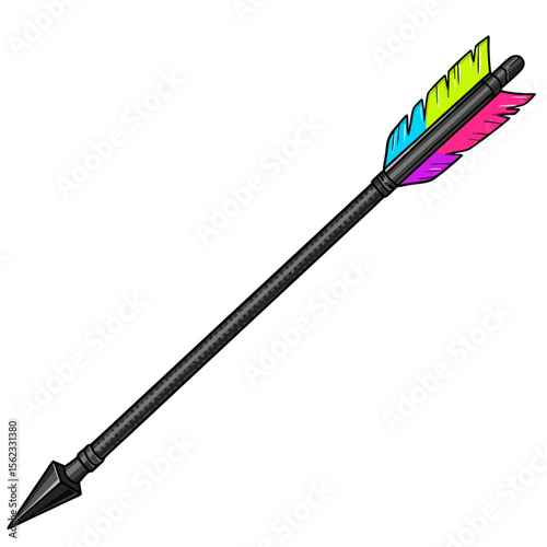 Colorful arrow with black shaft and vibrant feather fletching  