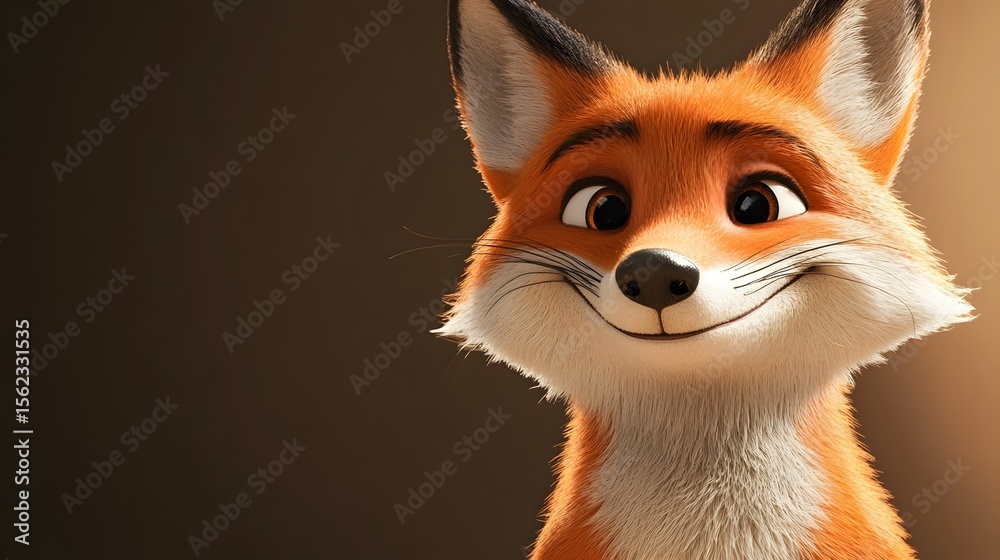 Obraz premium 3D render of a cute, smiling fox with fluffy fur and expressive eyes.
