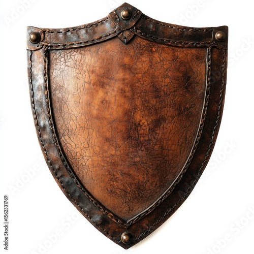 Textured leather shield with aged riveted frame