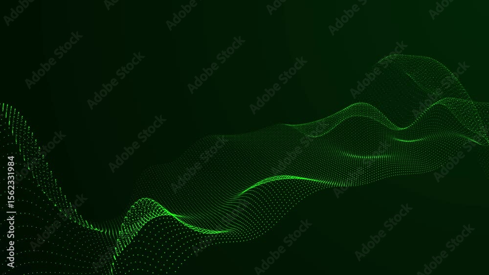 abstract green digital particle wave background, flowing futuristic data points loop