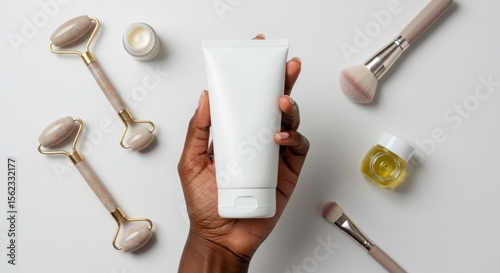 Skincare Tube Mockup on Brown Skin Hand with Clean Beauty Accessories