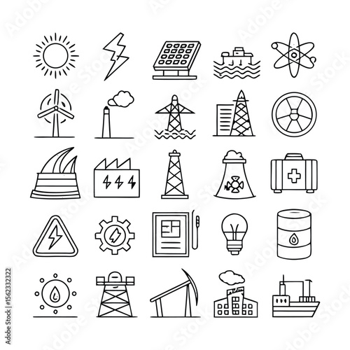 Environmental and Energy Vector Icon Set | 55 Black Silhouette Thin Line Icons | Editable Stroke | Renewable Energy Sources, Fossil Fuels, Sustainable Power, Ecology, and Green Technology Symbols