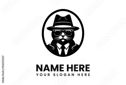 A stylized black and white logo featuring a cat wearing a fedora, sunglasses, and a suit with a tie.