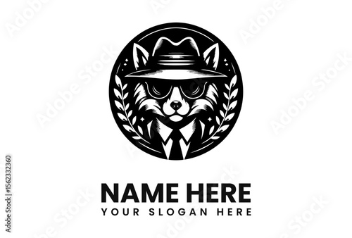 Stylish raccoon mascot logo design, wearing a fedora and sunglasses, encircled by wheat.