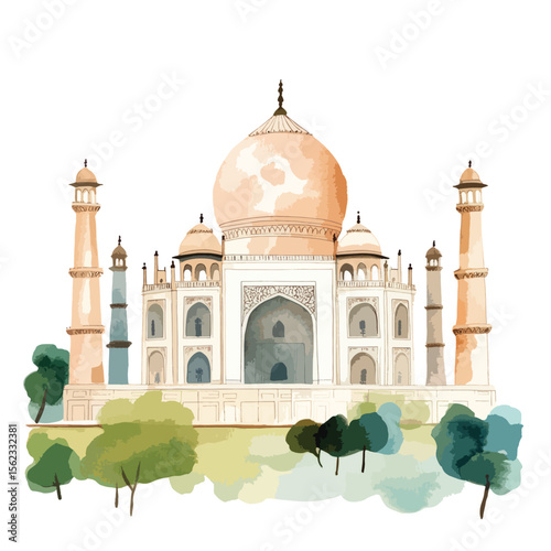 watercolor illustration of Taj Mahal clipart isolated