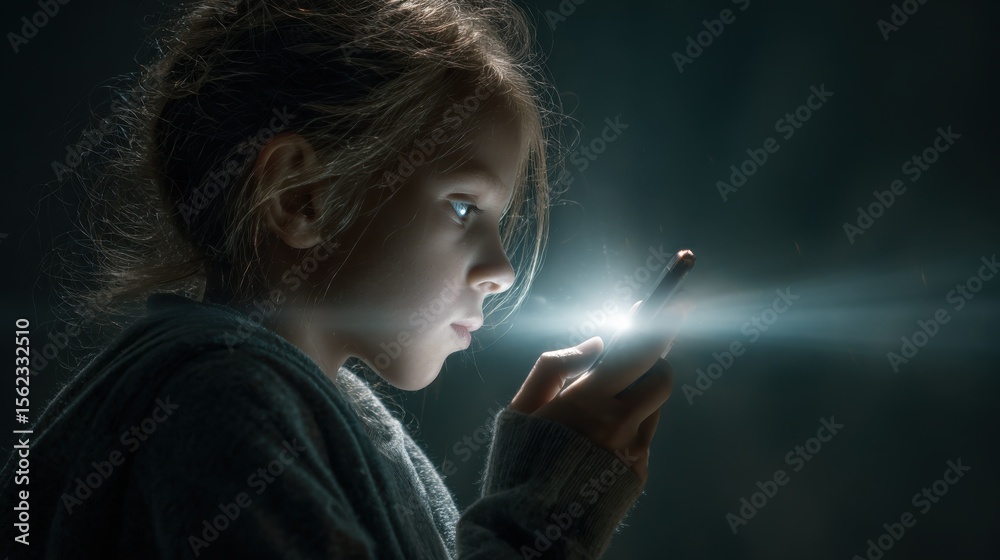 Obraz premium Young girl with smarthphone in the dark, light stream from phone to the face. Internet cyber danger and for kids and teenagers due to social media platforms.