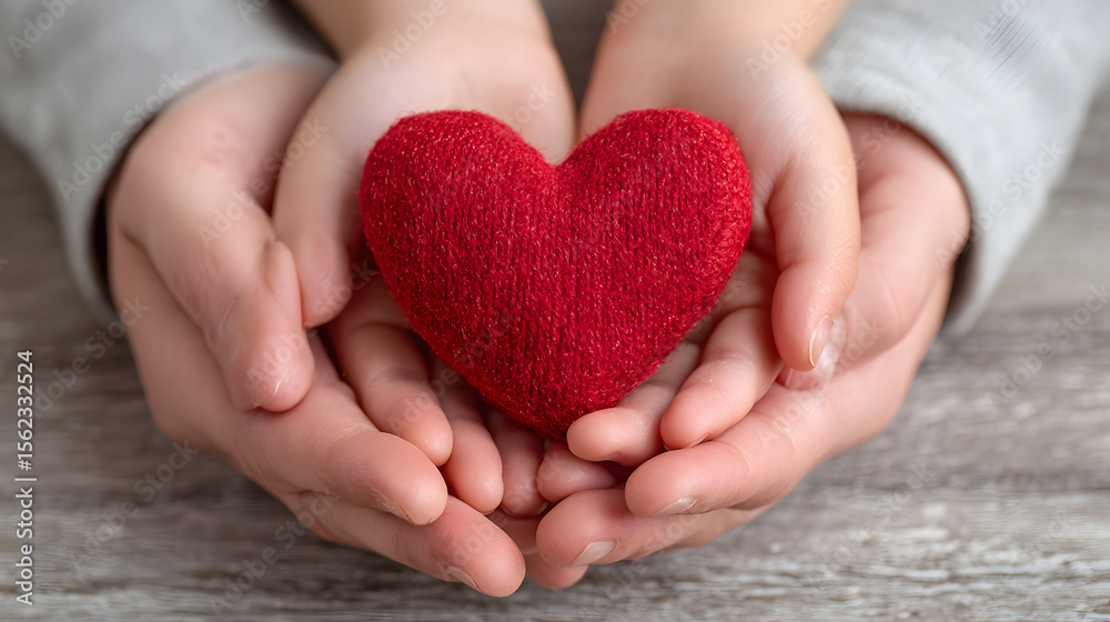 Fototapeta premium adult and child hands holding red heart, health care, love and family insurance concept, world heart day, world health day, adoption foster family, international day of families