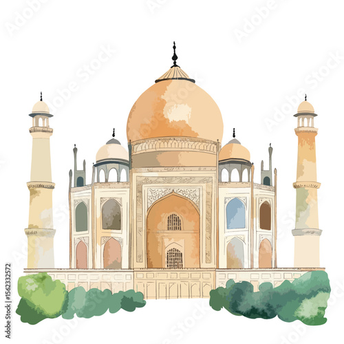 watercolor illustration of Taj Mahal clipart isolated