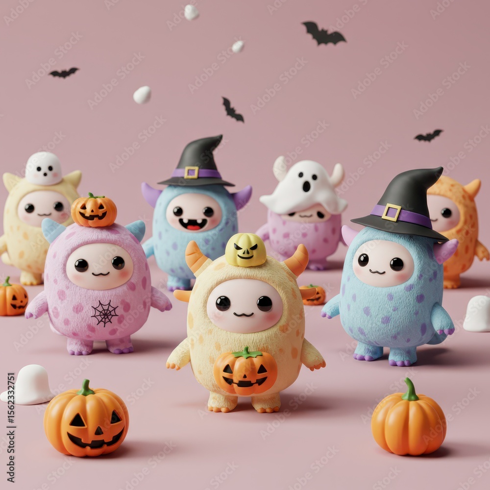 Obraz premium Cute Halloween Monsters in Pastel Costumes with Pumpkins and Witch Hats, Adorable Kawaii Character Set for Fall Celebrations
