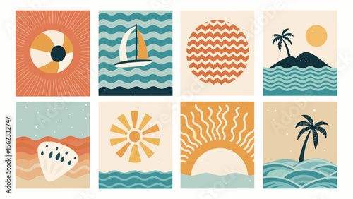 Eight Minimalist Retro Summer Illustrations Beach Sailboat Sun Palm Tree photo