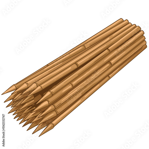 vector illustration of wooden bamboo skewers bundle, sharp sticks, kitchen or grill tool, isolated object on transparent background