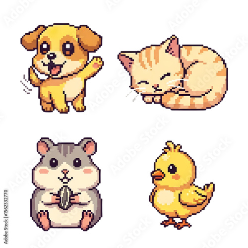 Pixel Art Cute Animals Collection with Puppy Cat Hamster and Duck in Retro Style